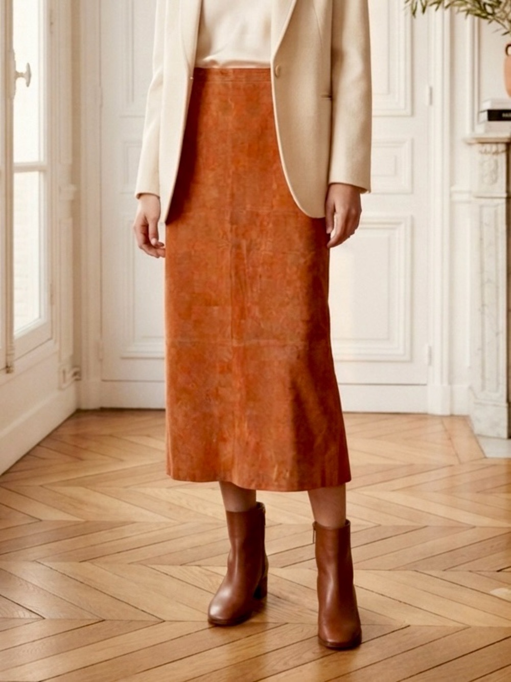 Vintage 90s Y2K Rust Sienna Suede Leather Boho Midi Skirt Size 14